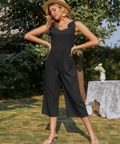 BBYS Tie-Bow Strap Sleeveless Linen Jumpsuit - Black