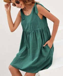 BBYS Tie-Bow Strap Side Pocket Linen Shift Dress - Green New In Clothing