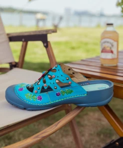 NEW ARRIVALS SOFFIA | Turquoise Floral-Applique Cutout Leather Sandal