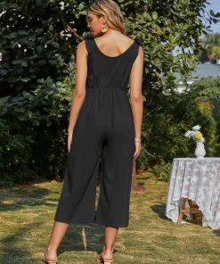 BBYS Tie-Bow Strap Sleeveless Linen Jumpsuit - Black