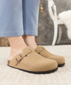 New In Shoes Maibulun | Buckle Suede Classic Beige Clog Mule Slippers