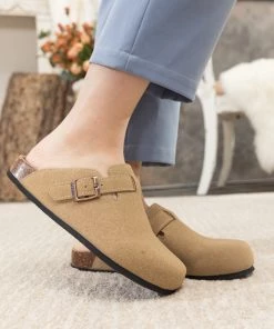 New In Shoes Maibulun | Buckle Suede Classic Beige Clog Mule Slippers