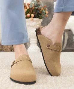 New In Shoes Maibulun | Buckle Suede Classic Beige Clog Mule Slippers