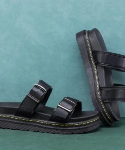 YL Black Double-Strap Buckled Sip On Slides Flat Sandals | En Bloom