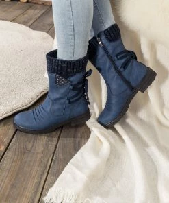 YL En Bloom | Navy Ruched Back Tie-Accent Combat Boot