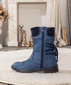 YL En Bloom | Navy Ruched Back Tie-Accent Combat Boot