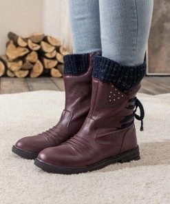 YL En Bloom | Burgundy Ruched Back Tie-Accent Combat Boot New In Shoes