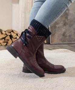 YL En Bloom | Burgundy Ruched Back Tie-Accent Combat Boot New In Shoes