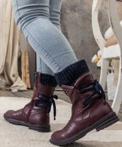 YL En Bloom | Burgundy Ruched Back Tie-Accent Combat Boot New In Shoes