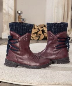 YL En Bloom | Burgundy Ruched Back Tie-Accent Combat Boot New In Shoes