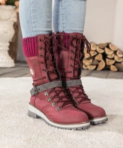 YL En Bloom | Red Ribbed-Cuff Buckle-Strap Boot New In Shoes