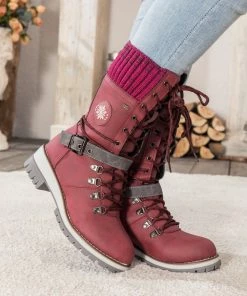 YL En Bloom | Red Ribbed-Cuff Buckle-Strap Boot New In Shoes