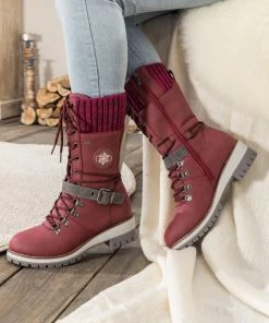 YL En Bloom | Red Ribbed-Cuff Buckle-Strap Boot New In Shoes