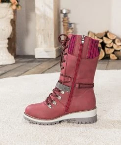 YL En Bloom | Red Ribbed-Cuff Buckle-Strap Boot New In Shoes