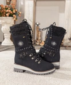 YL New In Shoes En Bloom | Black Ribbed-Cuff Buckle-Strap Boot