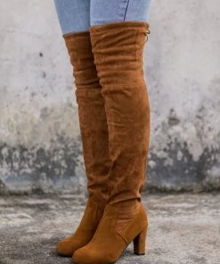 SMAIBULUN Sales 32 YL En Bloom | Block-Heel Over-the-Knee Velvet Boot Brown Boots