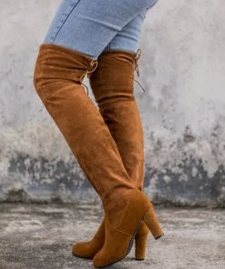 YL En Bloom | Block-Heel Over-the-Knee Velvet Boot Brown Boots