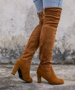 YL En Bloom | Block-Heel Over-the-Knee Velvet Boot Brown Boots