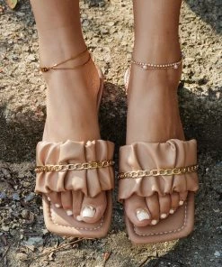 HT NEW ARRIVALS En Bloom | Apricot Ruffle Upper Chain Flat Sole Slides Sip On Sandals