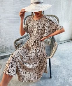 BFZY CALVINAH SPOT MIDI DRESS - BEIGE