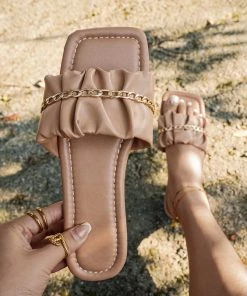 HT NEW ARRIVALS En Bloom | Apricot Ruffle Upper Chain Flat Sole Slides Sip On Sandals