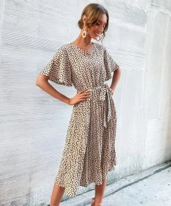 BFZY CALVINAH SPOT MIDI DRESS - BEIGE