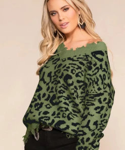 New In Clothing Smaibulun | Leopard Long Sleeve V-Neck Ripped Knit Pullover - Army Green