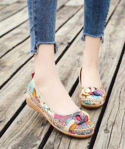 KLHX Shop Sandals Ring And Trap Head Floral Canvas Sip On Flats - Cactus Rose