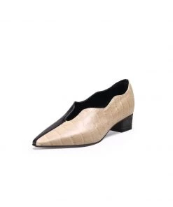 Jady Rose JadyRose | Color-Block Croc-Embossed Point Toe Mid Heel Leather Pumps - Beige