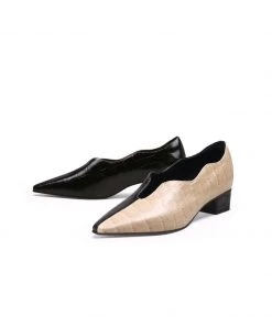 Jady Rose JadyRose | Color-Block Croc-Embossed Point Toe Mid Heel Leather Pumps - Beige