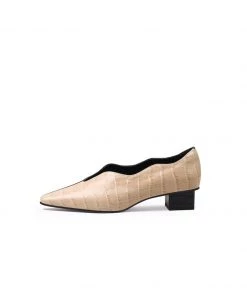 Jady Rose JadyRose | Color-Block Croc-Embossed Point Toe Mid Heel Leather Pumps - Beige
