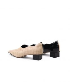 Jady Rose JadyRose | Color-Block Croc-Embossed Point Toe Mid Heel Leather Pumps - Beige