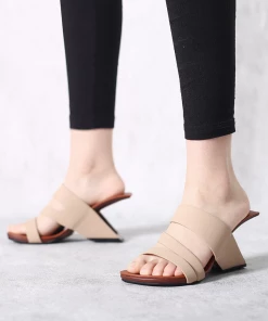 Jady Rose JadyRose | Beige Cross Strap Leather Wedge Slides Sandals NEW ARRIVALS