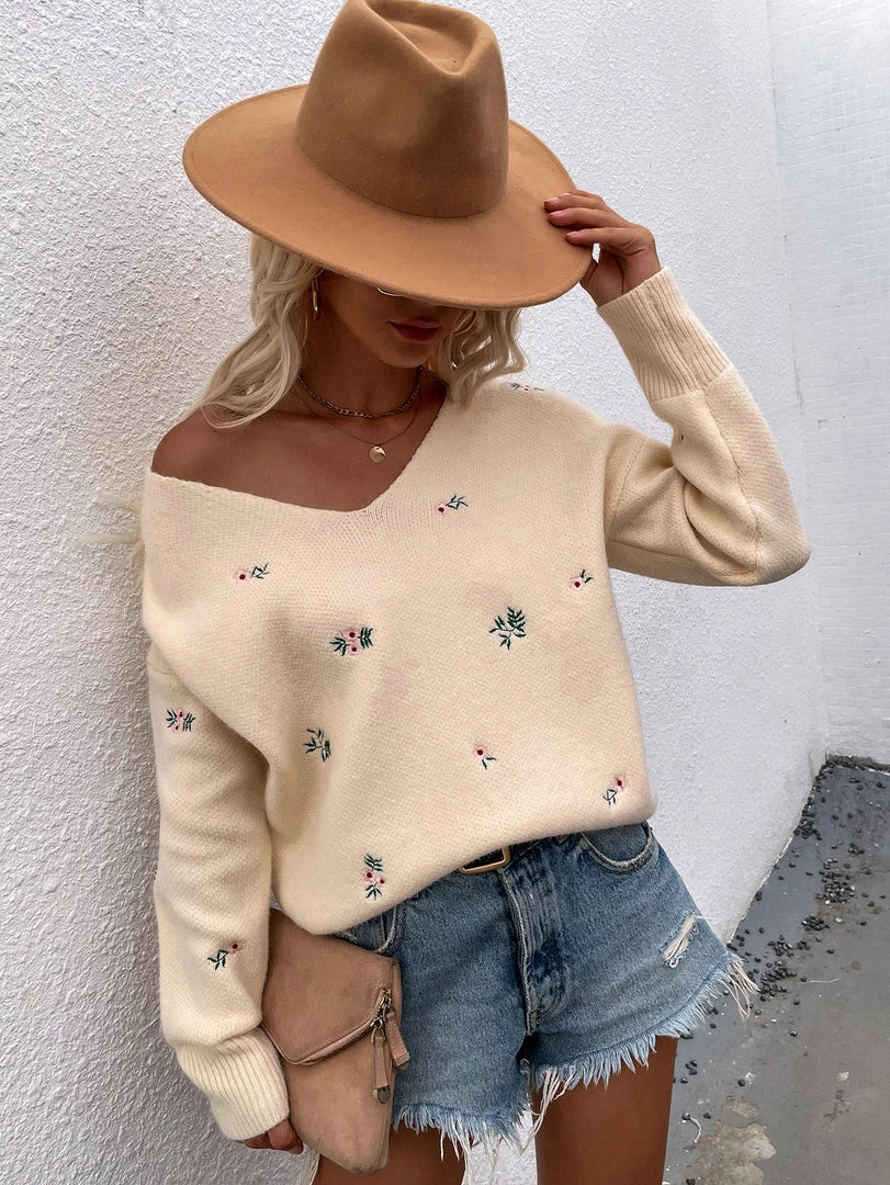 MY New In Clothing Smaibulun | Beige Wide V-neck Daisy Embroidered Knit Sweater 1 MY New In Clothing Smaibulun | Beige Wide V-neck Daisy Embroidered Knit Sweater