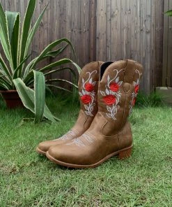 YL En Bloom | Beige Rose Embroidered Cowboy Low Heel Comfy Knee Boots