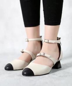 Jady Rose JadyRose | Genuine Leather Block Color Equilateral Trapezoid Heeled Sandals Mary Jane Shoes - Beige New In Shoes