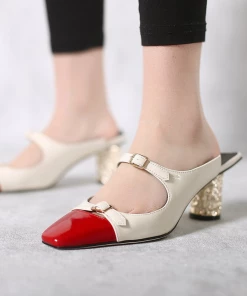 Jady Rose JadyRose | Bar-Accent Golden Mid Heel Leather Mules Loafers - Beige