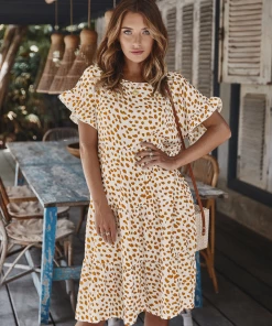 DY New In Clothing BRONWYN DRESS - BEIGE PRINT