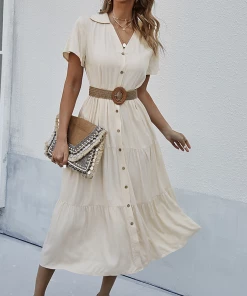 DY EMILY Front Button Midi Dress - Beige