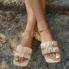 HT En Bloom | Beige Ruffle Upper Chain Sip On Sole Slides Flat Sandals
