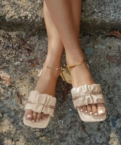 HT En Bloom | Beige Ruffle Upper Chain Sip On Sole Slides Flat Sandals