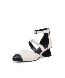 Jady Rose JadyRose | Genuine Leather Block Color Equilateral Trapezoid Heeled Sandals Mary Jane Shoes - Beige New In Shoes