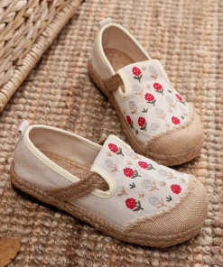 TC New In Shoes Cactus Rose | Berry Blossom Embroidered Linen Round Toe Espadrilles - Beiged