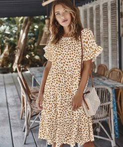 DY New In Clothing BRONWYN DRESS - BEIGE PRINT