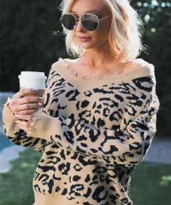 MY Smaibulun Doll | Leopard Long Sleeve V-Neck Ripped Knit Pullover - Beige