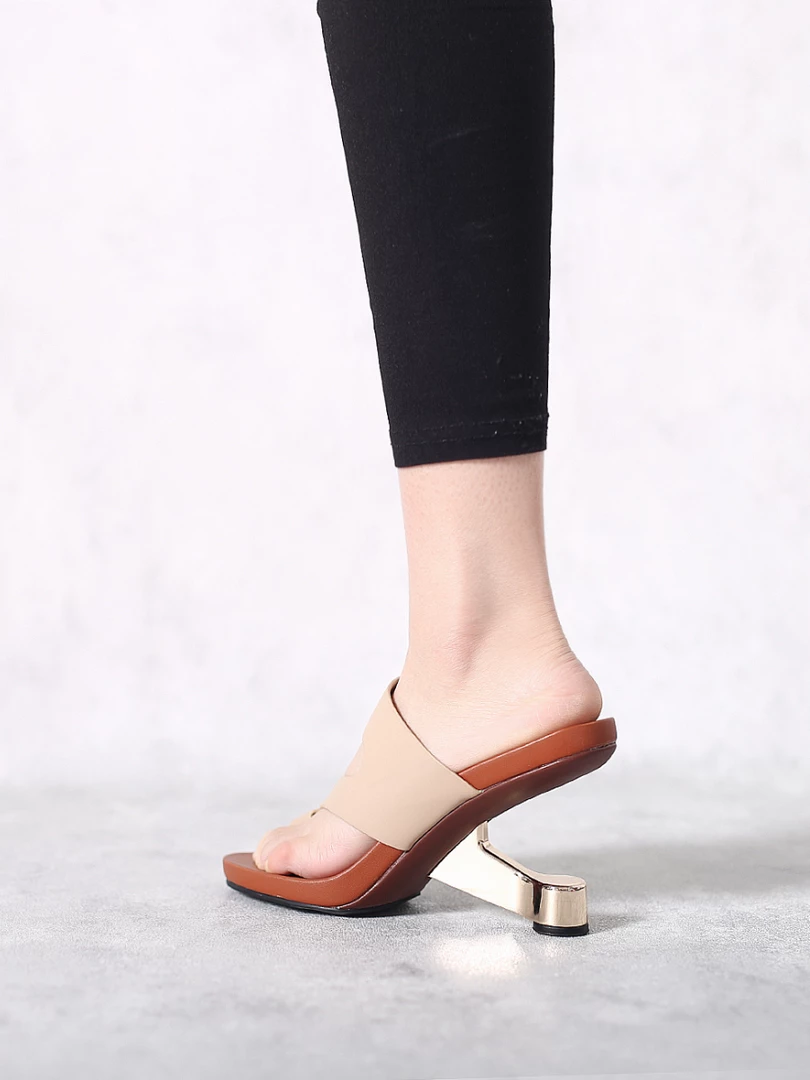 Jady Rose JadyRose | Beige Criss-Cross Toe Elevator Heel Leather Slides Sandals 2 Jady Rose JadyRose | Beige Criss-Cross Toe Elevator Heel Leather Slides Sandals