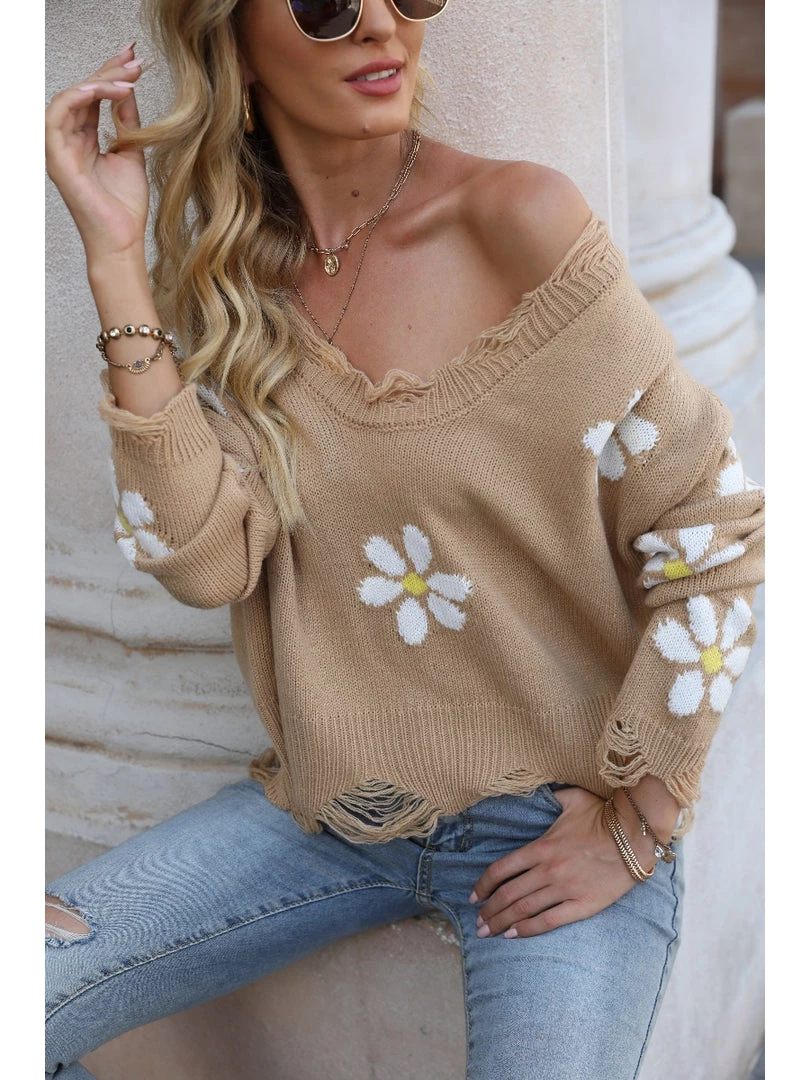 QDYH Smaibulun | Daisy Ripped Detailed Knit Beige Sweater 2 QDYH Smaibulun | Daisy Ripped Detailed Knit Beige Sweater