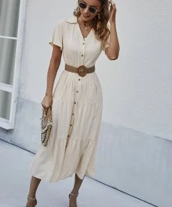 DY EMILY Front Button Midi Dress - Beige