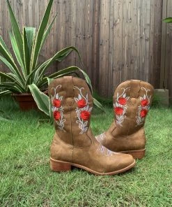 YL En Bloom | Beige Rose Embroidered Cowboy Low Heel Comfy Knee Boots