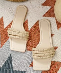HT En Bloom | Beige Woven Tri-Strap Flat Sole Slide New In Shoes